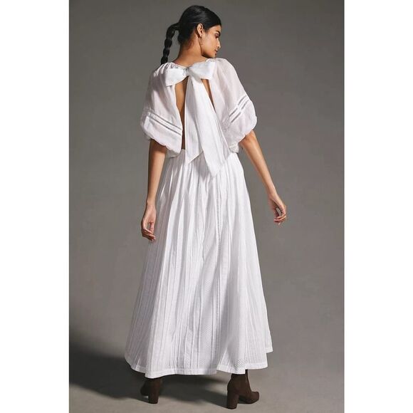 Joslin AnthropologieWhite Julianna Cotton Maxi Dress sz 4 Puff Sleeves Open Back - Picture 7 of 13